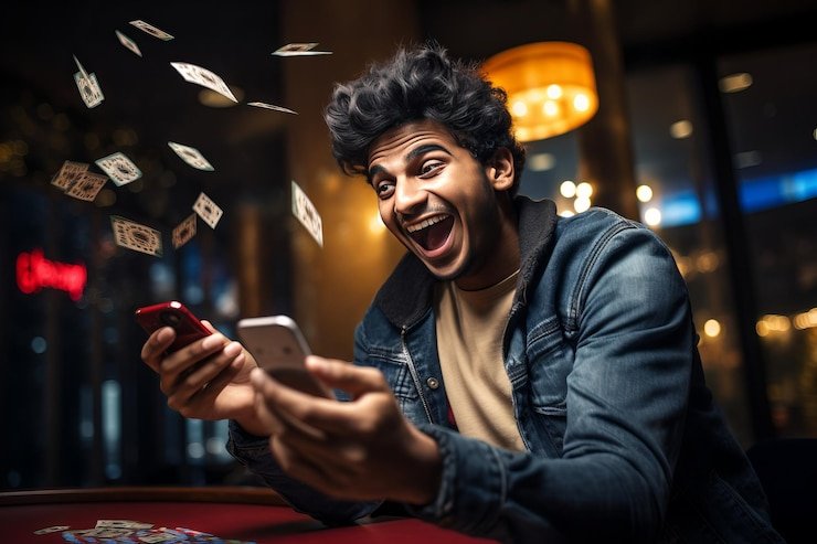 Philippine player holding a gaming voucher card before mobile device